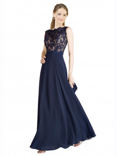 A-Line Illusion Neck Soft Chiffon & Lace Long Dark Navy Prom Dress / Bridesmaid Dress Barrie
