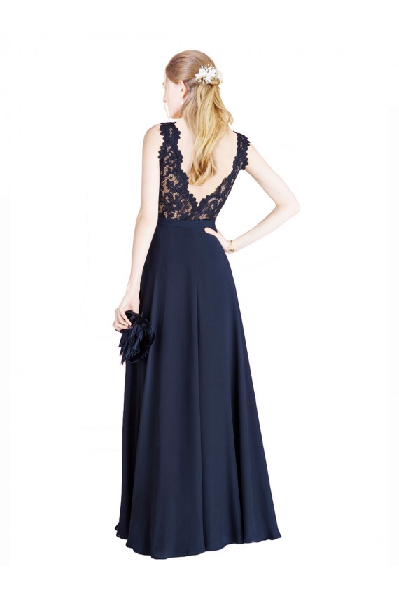 A-Line Illusion Neck Soft Chiffon & Lace Long Dark Navy Prom Dress / Bridesmaid Dress Barrie