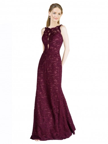 A-Line High Neck Lace Long Burgundy Gold Prom Dress / Bridesmaid Dress Barrie