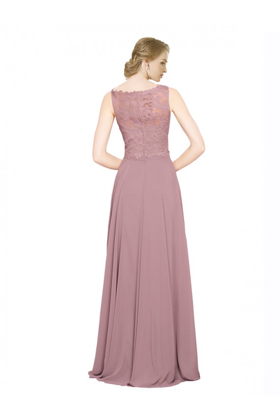 A-Line Illusion Neck Soft Chiffon & Lace Long Black Tie Prom Dress / Bridesmaid Dress Barrie