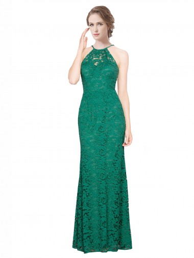 Mermaid High Neck Lace Long Dark Green Prom Dress / Bridesmaid Dress Barrie