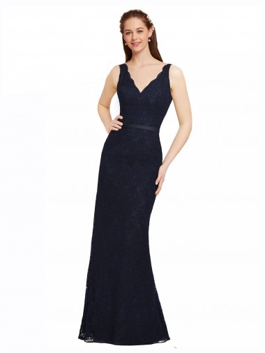 Sheath V-Neck Lace Long Dark Navy Bridesmaid Dress Barrie
