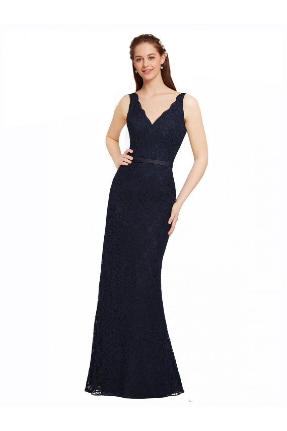 Sheath V-Neck Lace Long Dark Navy Bridesmaid Dress Barrie