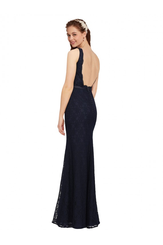 Sheath V-Neck Lace Long Dark Navy Bridesmaid Dress Barrie