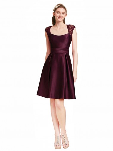 A-Line Square Neck Satin & Lace Knee Length Grape Bridesmaid Dress Barrie