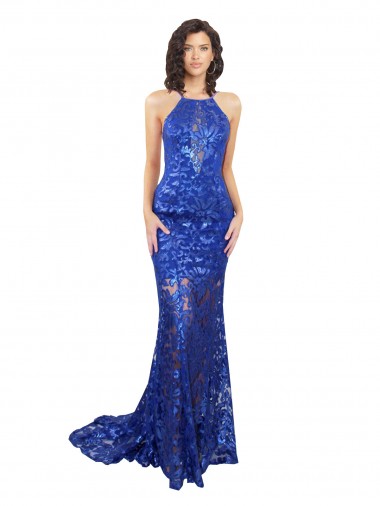 Mermaid High Neck Lace Long Royal Blue Semi Formal Evening Dress / Prom Dress / Bridesmaid Dress Barrie