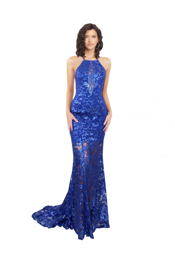 Mermaid High Neck Lace Long Royal Blue Semi Formal Evening Dress / Prom Dress / Bridesmaid Dress Barrie
