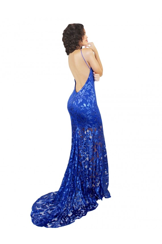 Mermaid High Neck Lace Long Royal Blue Semi Formal Evening Dress / Prom Dress / Bridesmaid Dress Barrie