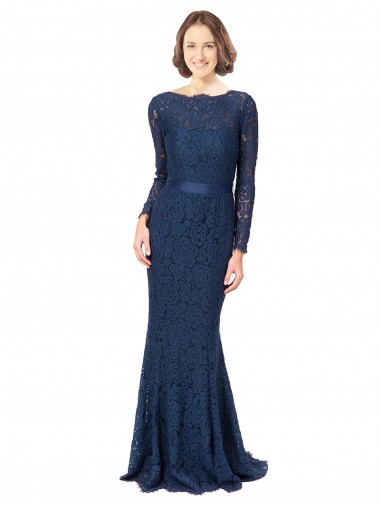 Mermaid, Sheath Jewel Neck Lace Sweep Train Dark Navy Bridesmaid Dress Barrie