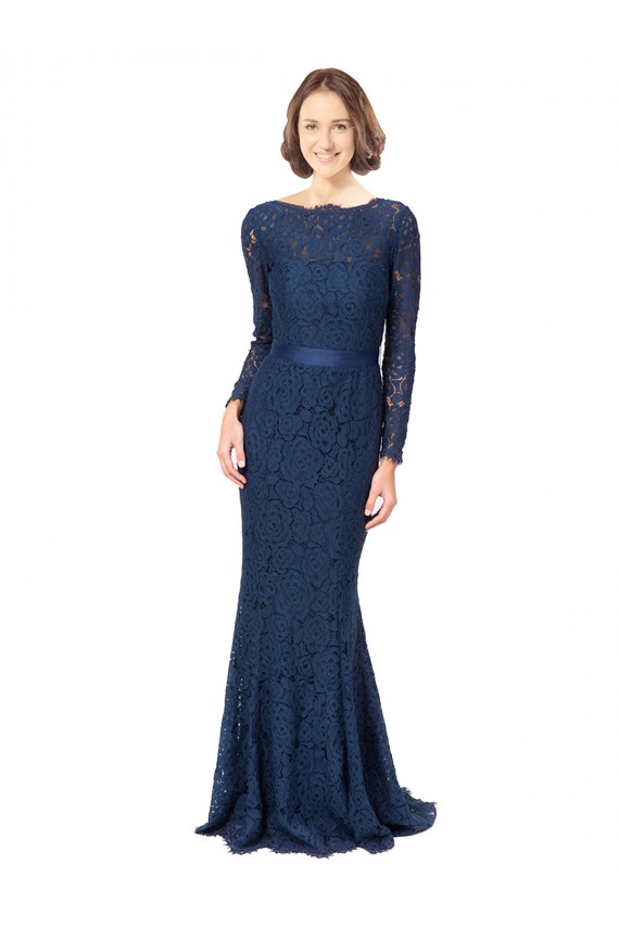 Mermaid, Sheath Jewel Neck Lace Sweep Train Dark Navy Bridesmaid Dress Barrie