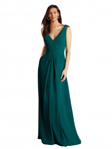 A-Line V-Neck Soft Chiffon & Lace Long Hunter Bridesmaid Dress Barrie