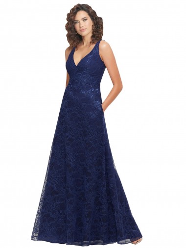 A-Line V-Neck Lace Long Dark Navy Bridesmaid Dress Barrie