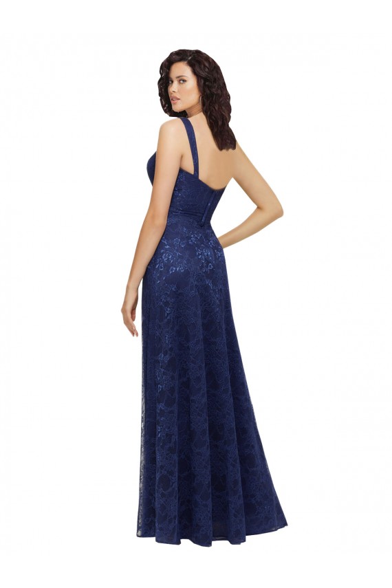 A-Line V-Neck Lace Long Dark Navy Bridesmaid Dress Barrie