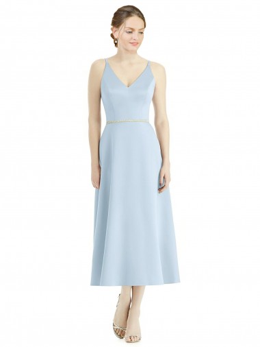 A-Line V-Neck Satin Tea Length Light Sky Blue Bridesmaid Dress Barrie