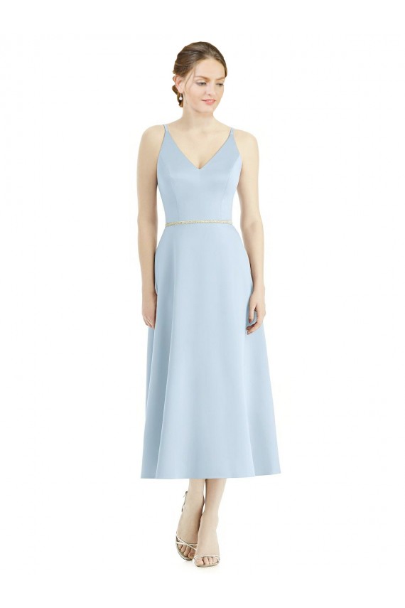 A-Line V-Neck Satin Tea Length Light Sky Blue Bridesmaid Dress Barrie