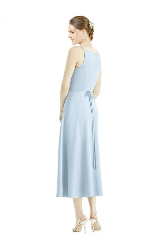 A-Line V-Neck Satin Tea Length Light Sky Blue Bridesmaid Dress Barrie