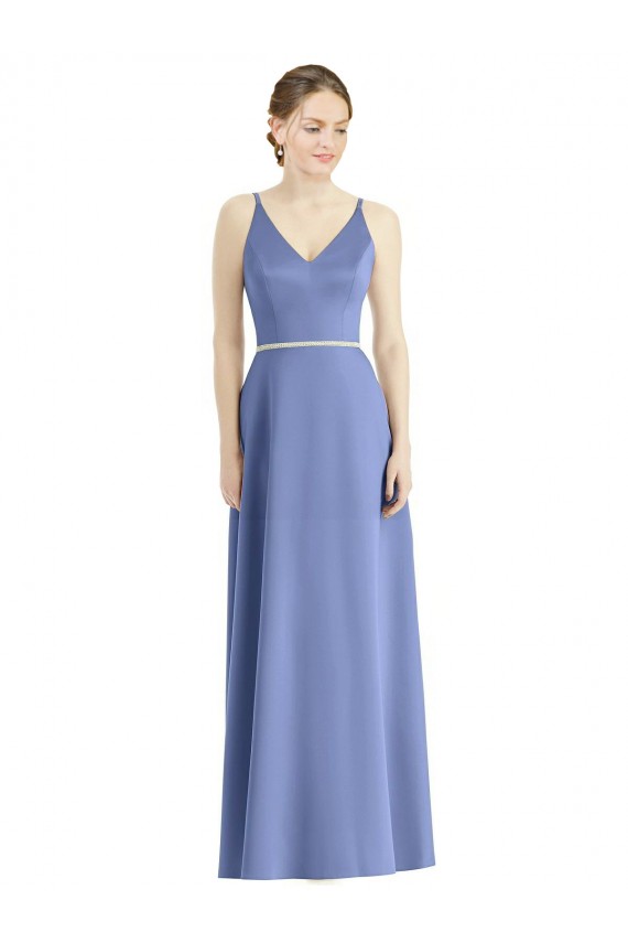 A-Line V-Neck Satin Long Periwinkle Bridesmaid Dress Barrie