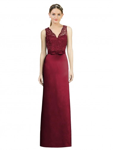 A-Line V-Neck Satin & Lace Long Burgundy Bridesmaid Dress Barrie