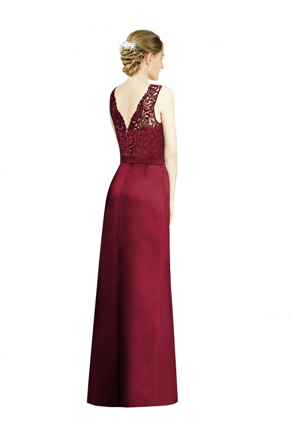 A-Line V-Neck Satin & Lace Long Burgundy Bridesmaid Dress Barrie