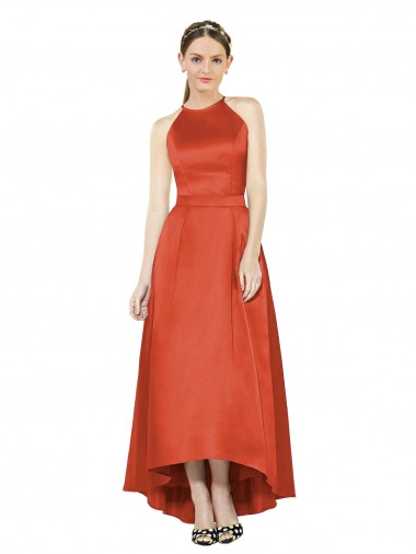 A-Line Halter Neck Satin Spice Red High Low Bridesmaid Dress Barrie