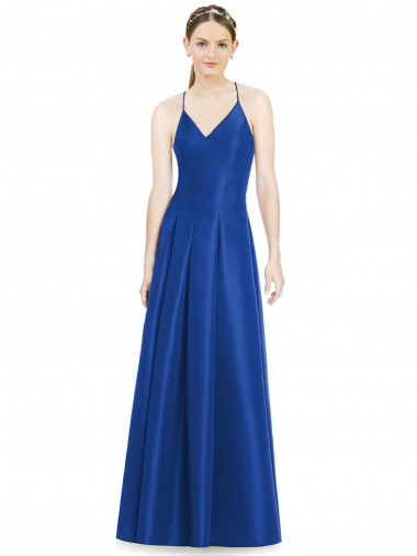 A-Line V-Neck Satin Long Royal Blue Bridesmaid Dress Barrie