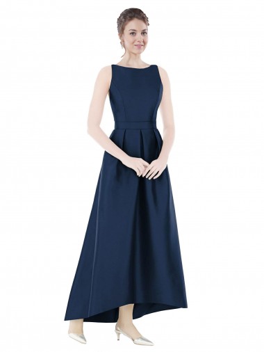A-Line Bateau Neck Satin Long Dark Navy High Low Bridesmaid Dress Barrie