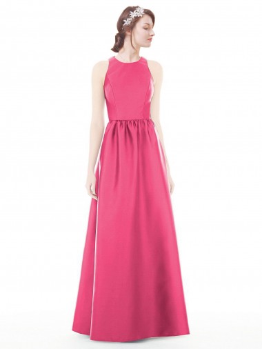 A-Line Jewel Neck Satin Long Ruby Bridesmaid Dress Barrie