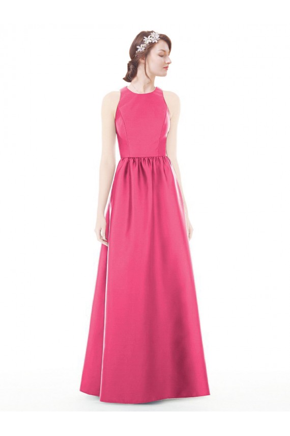 A-Line Jewel Neck Satin Long Ruby Bridesmaid Dress Barrie