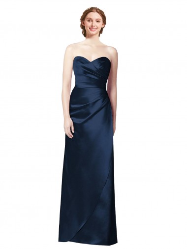 A-Line Strapless Satin Long Dark Navy Bridesmaid Dress Barrie