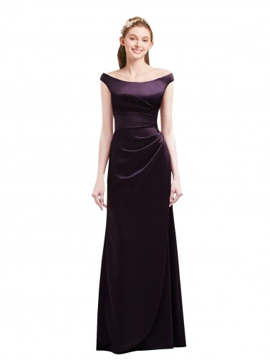 A-Line Off the Shoulder Satin Long Grape Bridesmaid Dress Barrie