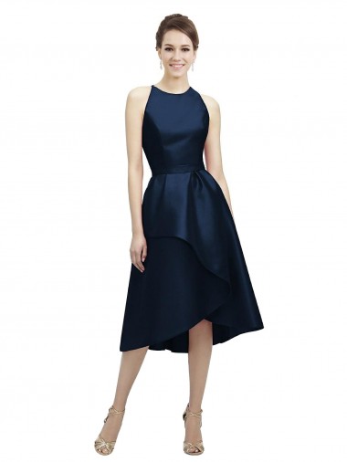 A-Line Jewel Neck Satin Tea Length Dark Navy High Low Bridesmaid Dress Barrie