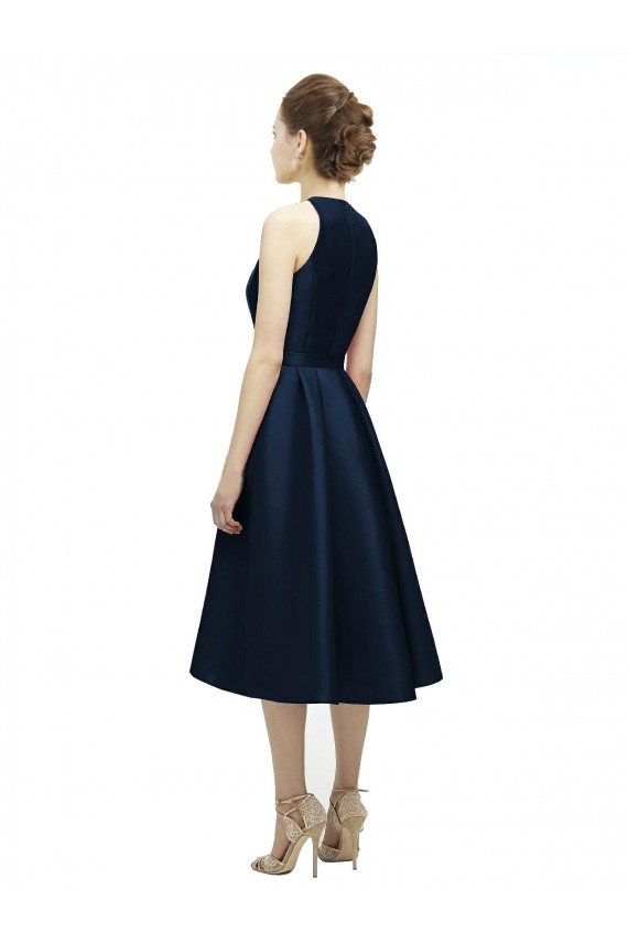 A-Line Jewel Neck Satin Tea Length Dark Navy High Low Bridesmaid Dress Barrie