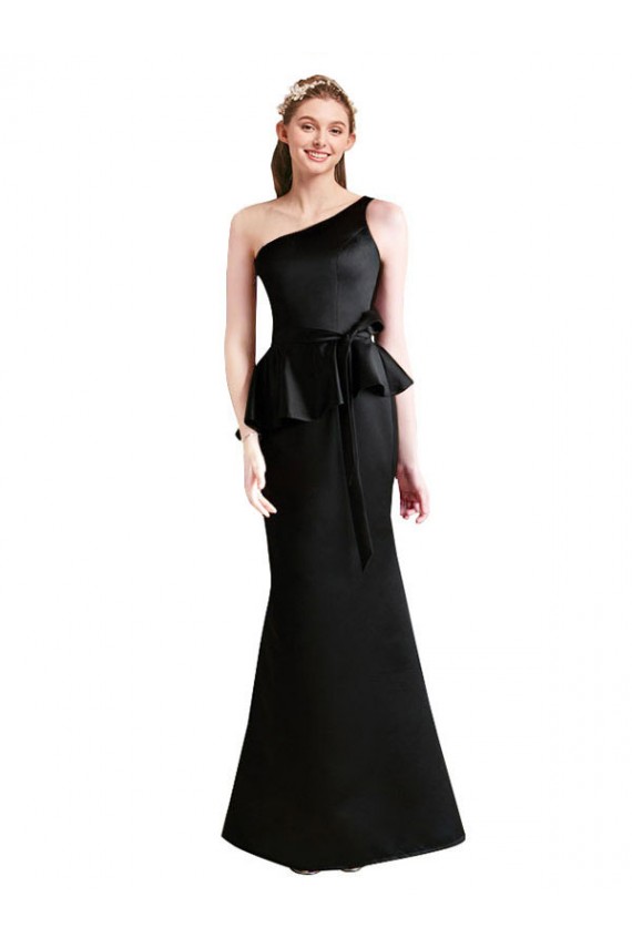 Mermaid One Shoulder Satin Long Black Bridesmaid Dress Barrie