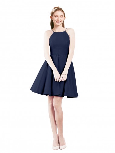 A-Line Halter Neck Satin Knee Length Dark Navy Bridesmaid Dress Barrie