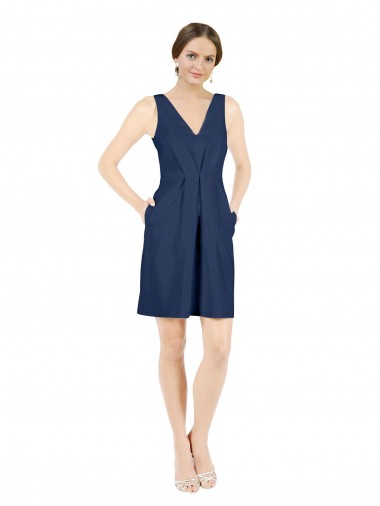 A-Line V-Neck Satin Knee Length Dark Navy Evening Gown / Bridesmaid Dress Barrie