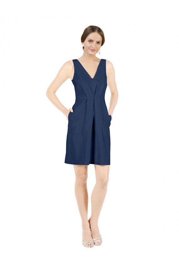 A-Line V-Neck Satin Knee Length Dark Navy Evening Gown / Bridesmaid Dress Barrie