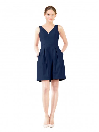 A-Line V-Neck Satin Knee Length Dark Navy Bridesmaid Dress Barrie