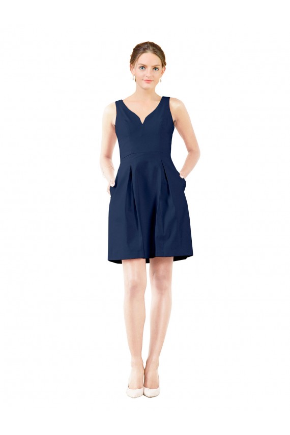 A-Line V-Neck Satin Knee Length Dark Navy Bridesmaid Dress Barrie