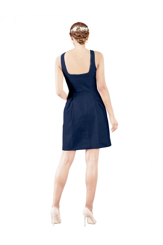 A-Line V-Neck Satin Knee Length Dark Navy Bridesmaid Dress Barrie