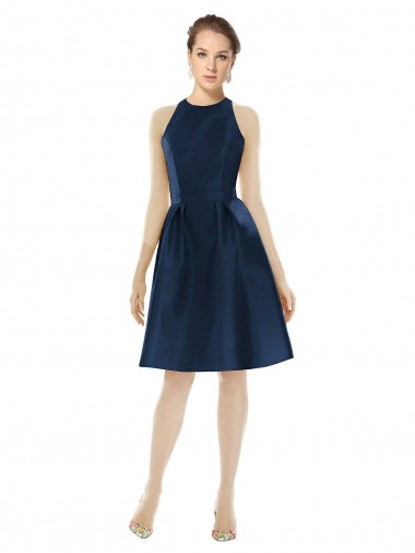 A-Line Halter Neck Satin Cocktail Length Dark Navy Bridesmaid Dress Barrie