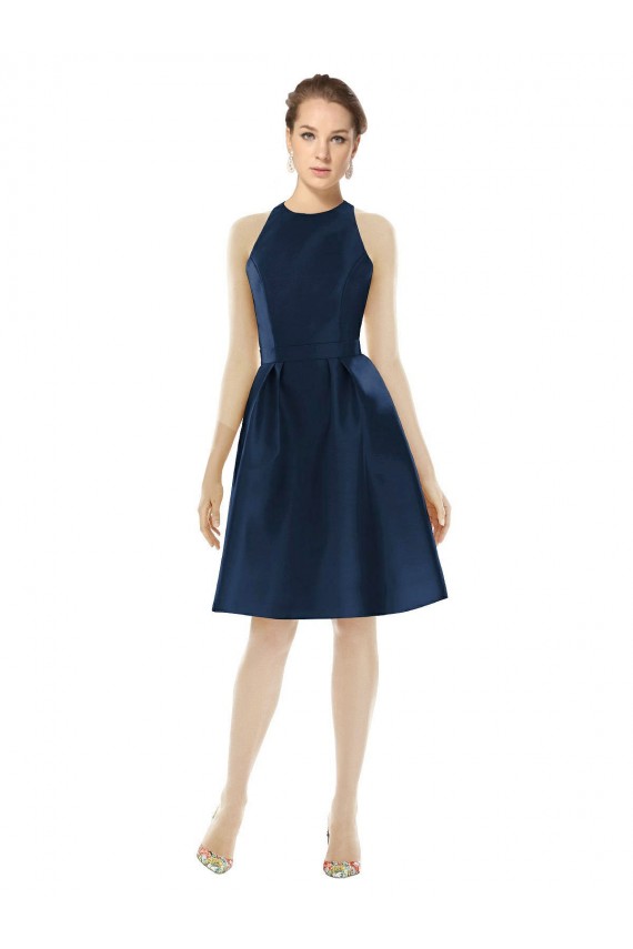 A-Line Halter Neck Satin Cocktail Length Dark Navy Bridesmaid Dress Barrie