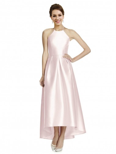 A-Line Halter Neck Satin Long Pink High Low Bridesmaid Dress Barrie