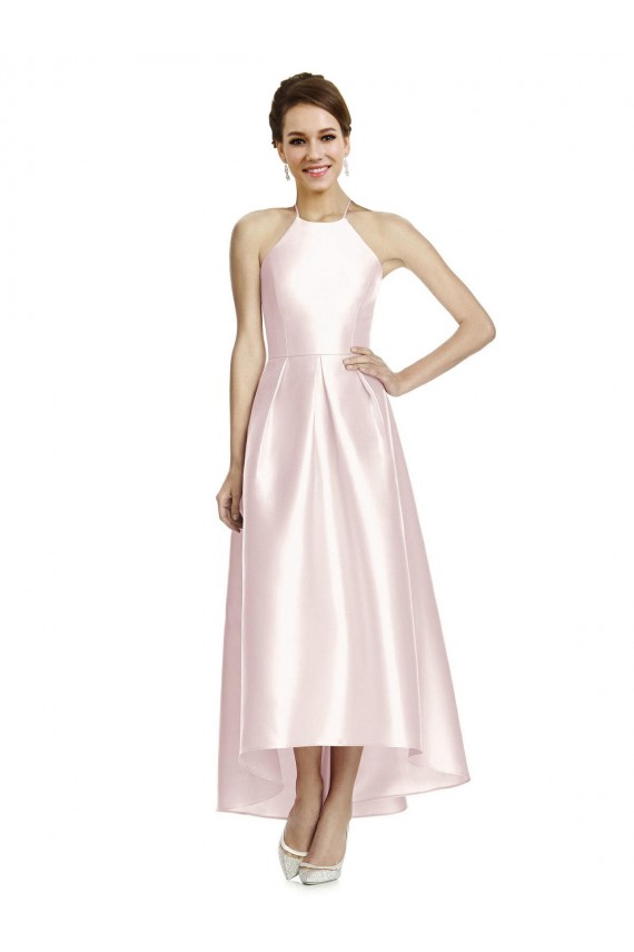 A-Line Halter Neck Satin Long Pink High Low Bridesmaid Dress Barrie