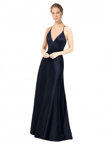 A-Line V-Neck Satin Long Dark Navy Prom Dress / Bridesmaid Dress Barrie