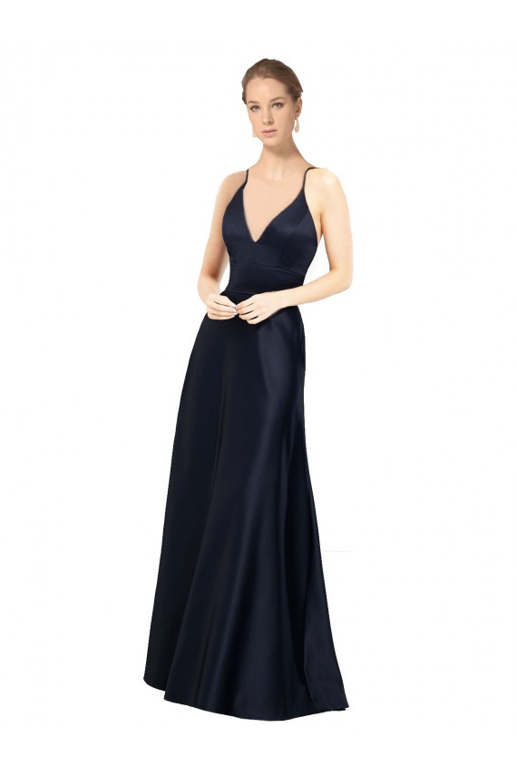 A-Line V-Neck Satin Long Dark Navy Prom Dress / Bridesmaid Dress Barrie