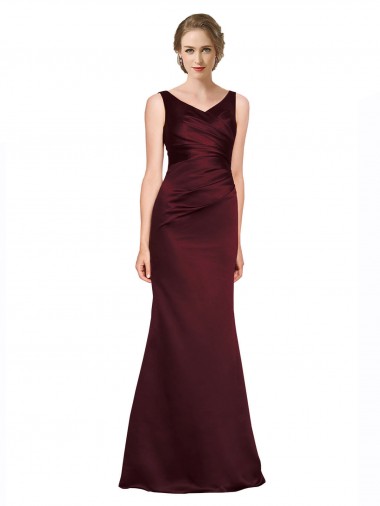 A-Line V-Neck Satin Long Burgundy Black Tie Evening Gown / Prom Dress / Bridesmaid Dress Barrie