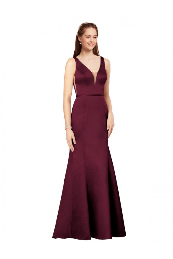 Sheath V-Neck Satin Long Burgundy Formal Evening Gown / Prom Dress / Bridesmaid Dress Barrie