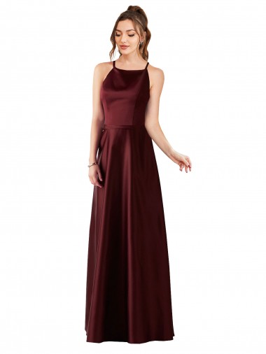 A-Line Halter Neck Satin Long Burgundy Gold Prom Dress / Bridesmaid Dress Barrie