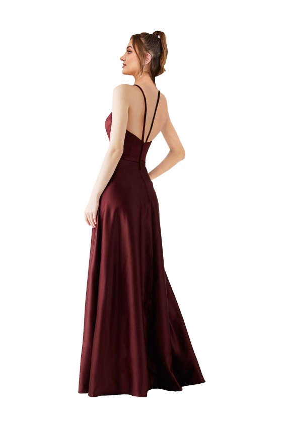 A-Line Halter Neck Satin Long Burgundy Gold Prom Dress / Bridesmaid Dress Barrie