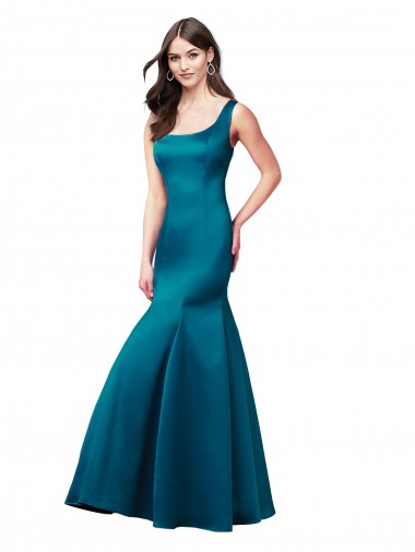 Mermaid Bateau Neck Satin Long Peacock Blue Prom Dress / Bridesmaid Dress Barrie